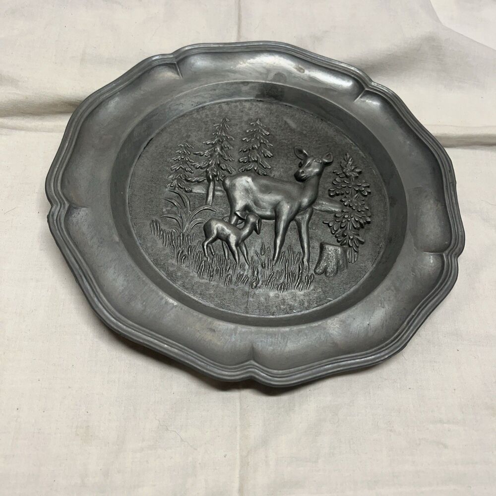 Vtg Ges Gesch Pewter Wall Art Plate Doe & Fawn Made in Germany Decor 9 inches